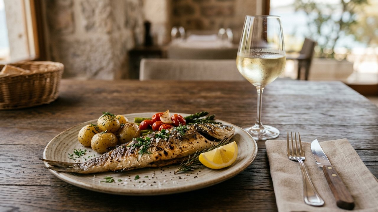 Accord entre un verre de vin blanc et un poisson grillé
