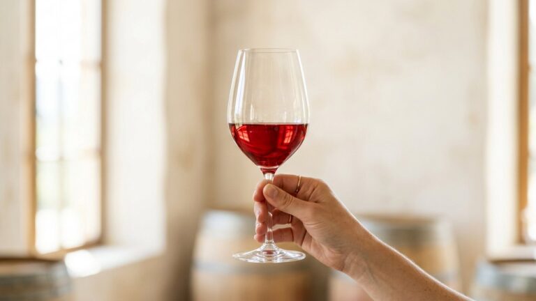 Verre de vin tenu par la tige pour apprécier la robe et la couleur
