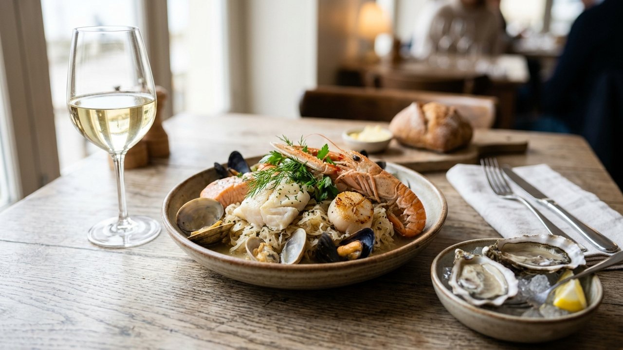 Choucroute de la mer servie avec un vin blanc minéral et iodé
