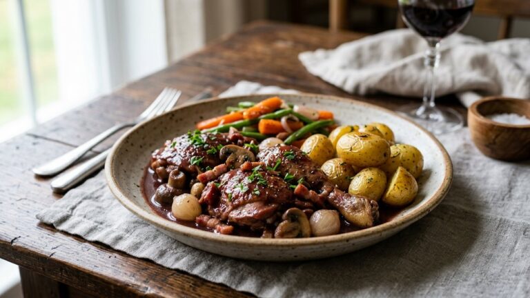 Coq au vin servi avec pommes de terre et légumes rôtis