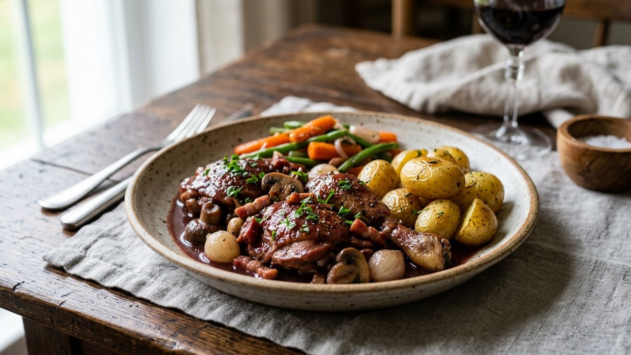 Coq au vin servi avec pommes de terre et légumes rôtis
