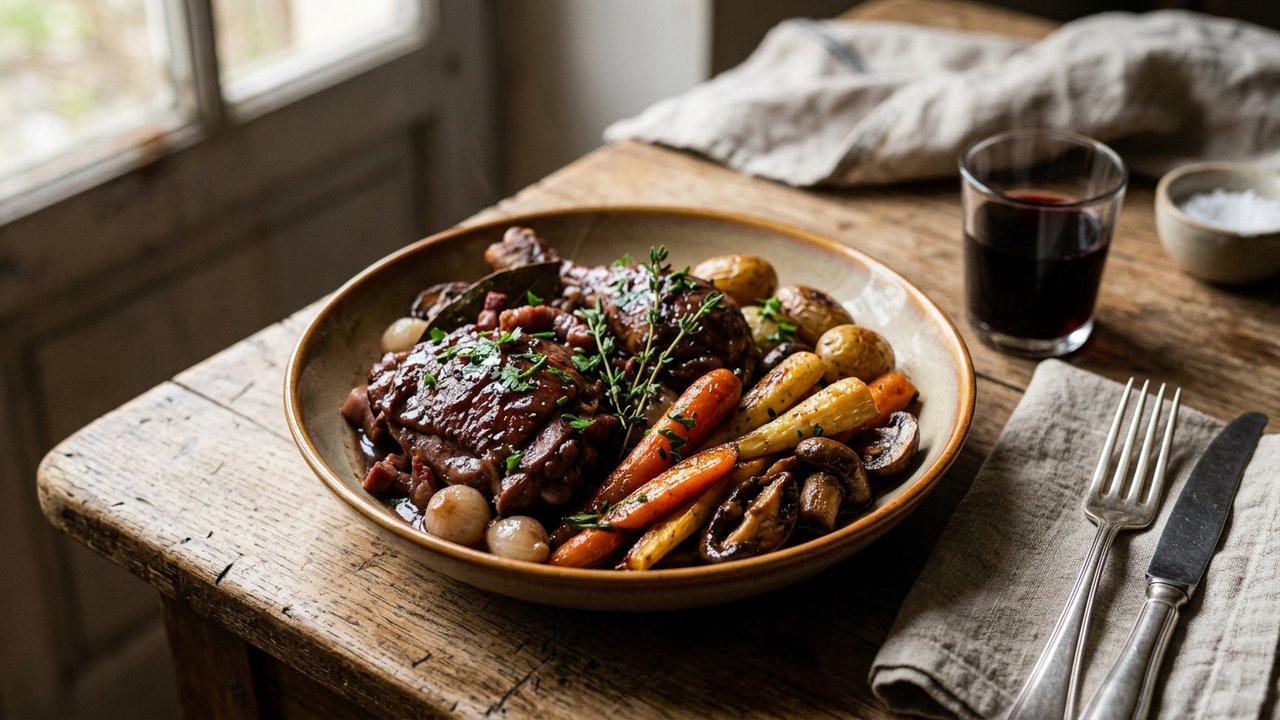Carottes, panais et champignons rôtis avec coq au vin