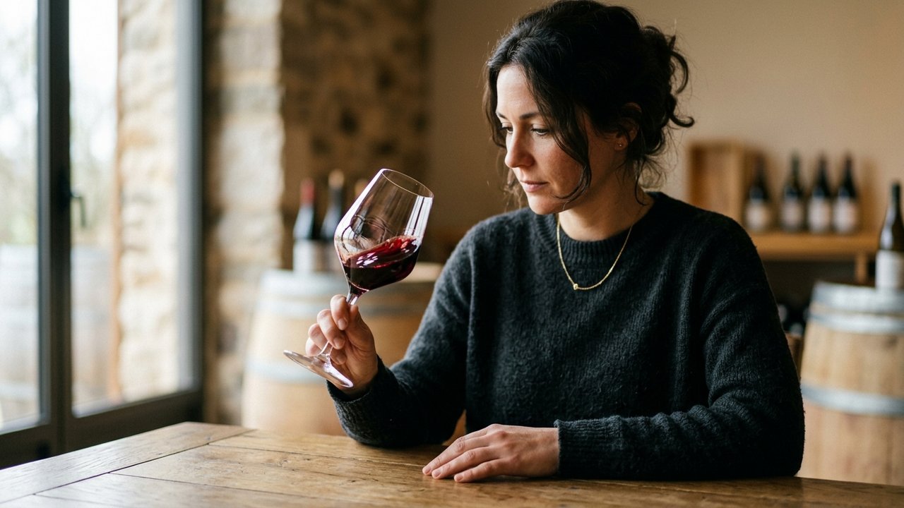 Rotation du vin dans un verre tulipe pour libérer les arômes