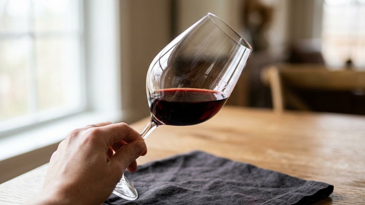 Examen visuel de la robe d'un vin rouge dans un verre