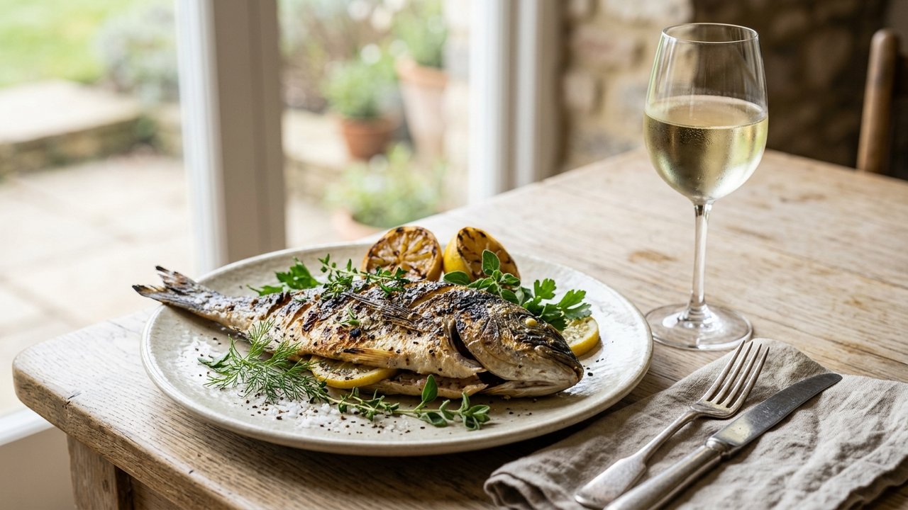 Poisson grillé accompagné d'un vin blanc frais et vif