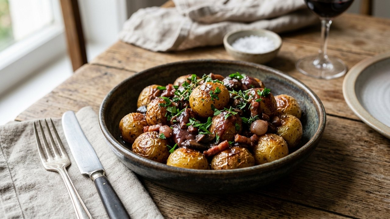 Pommes de terre rôties au thym accompagnant un coq au vin