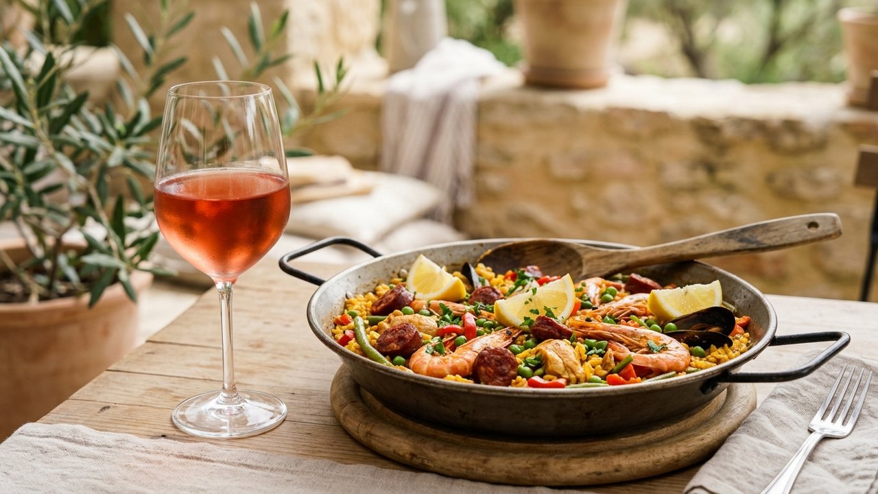 Verre de rosé Tavel accompagnant une paella au chorizo