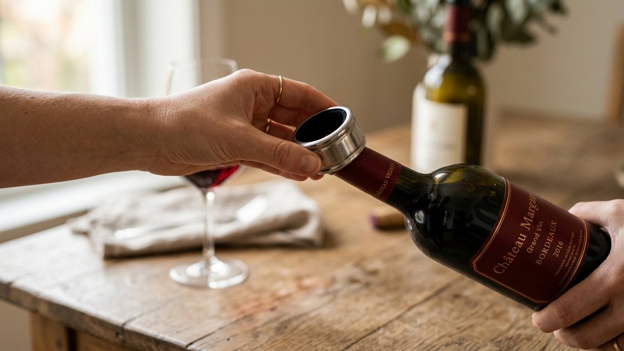 Anneau anti-gouttes placé sur le goulot d'une bouteille de vin