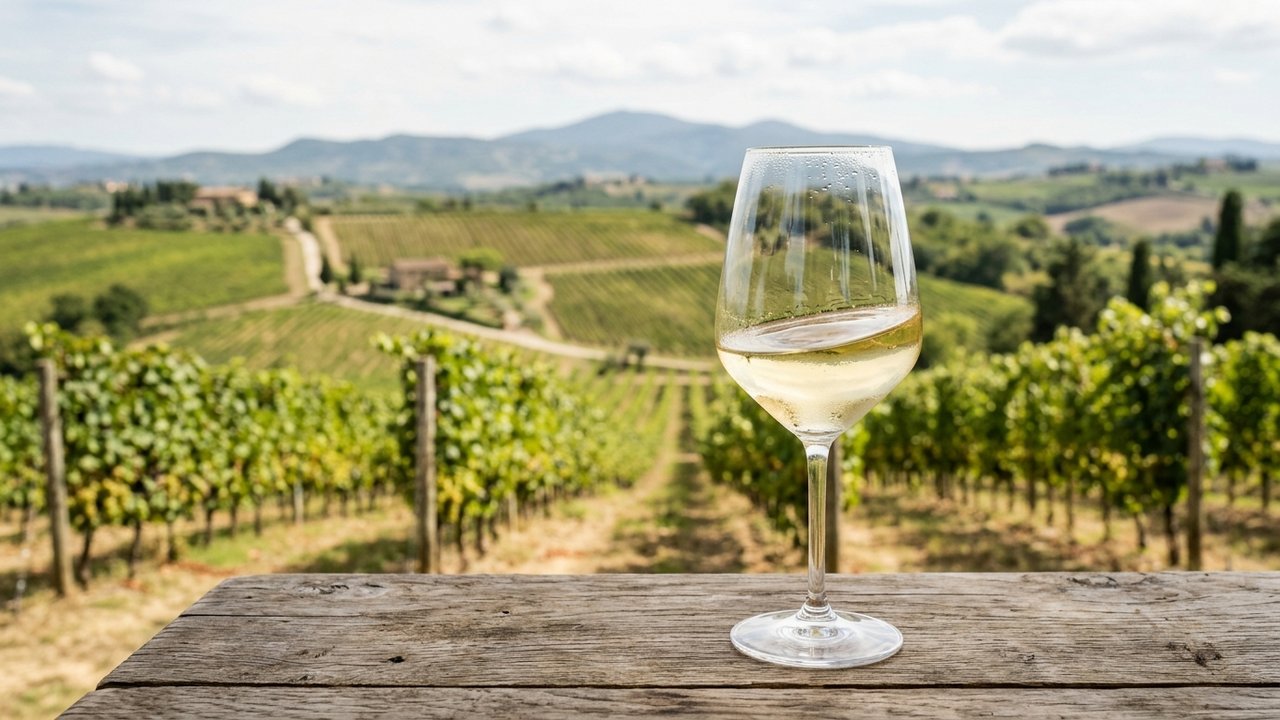 Verre de vin blanc pas cher avec fond de vignoble