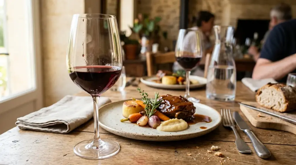 Assiette au restaurant avec un verre de vin rouge