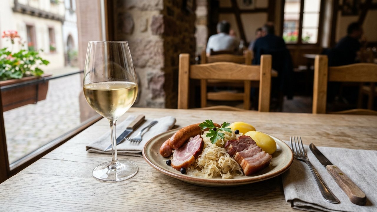 Verre de vin blanc d'Alsace accompagnant une choucroute garnie