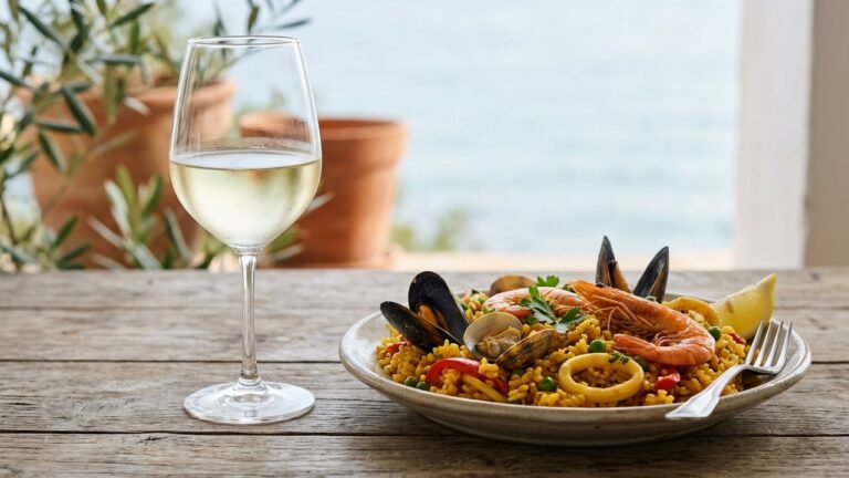 Verre de vin blanc accompagnant une paella aux fruits de mer