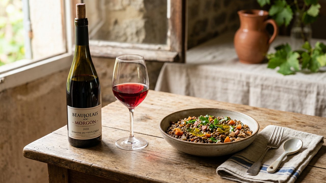 Beaujolais servi avec un petit salé aux lentilles vertes