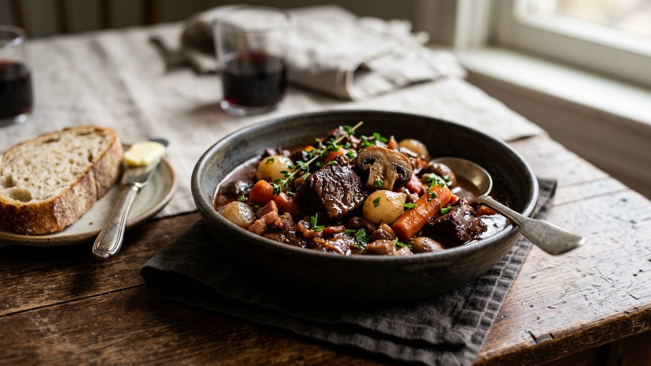 Bœuf bourguignon garni de champignons, sauce réduite et onctueuse