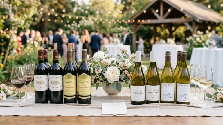 Bouteilles de vin rouge et blanc pour un mariage