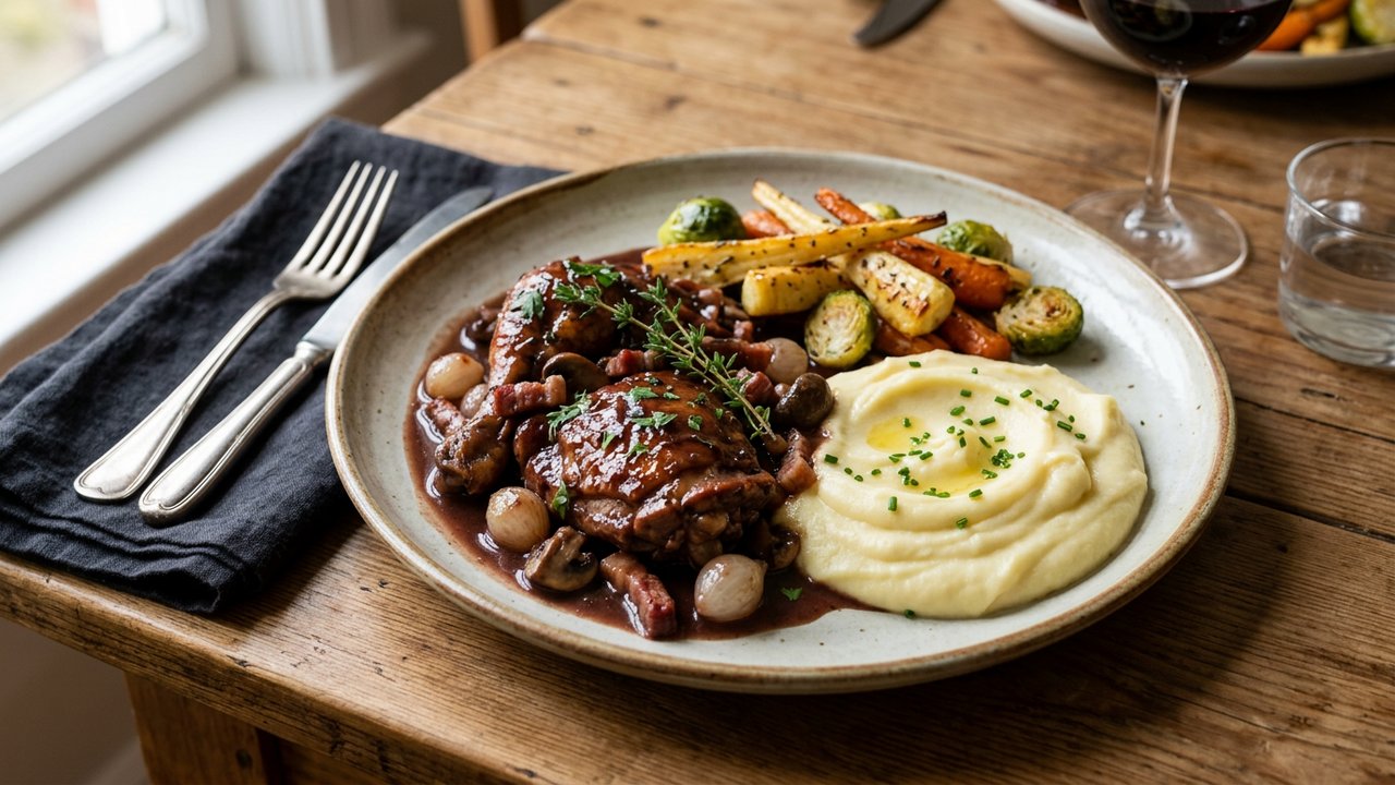 Coq au vin servi avec purée de pommes de terre et légumes rôtis