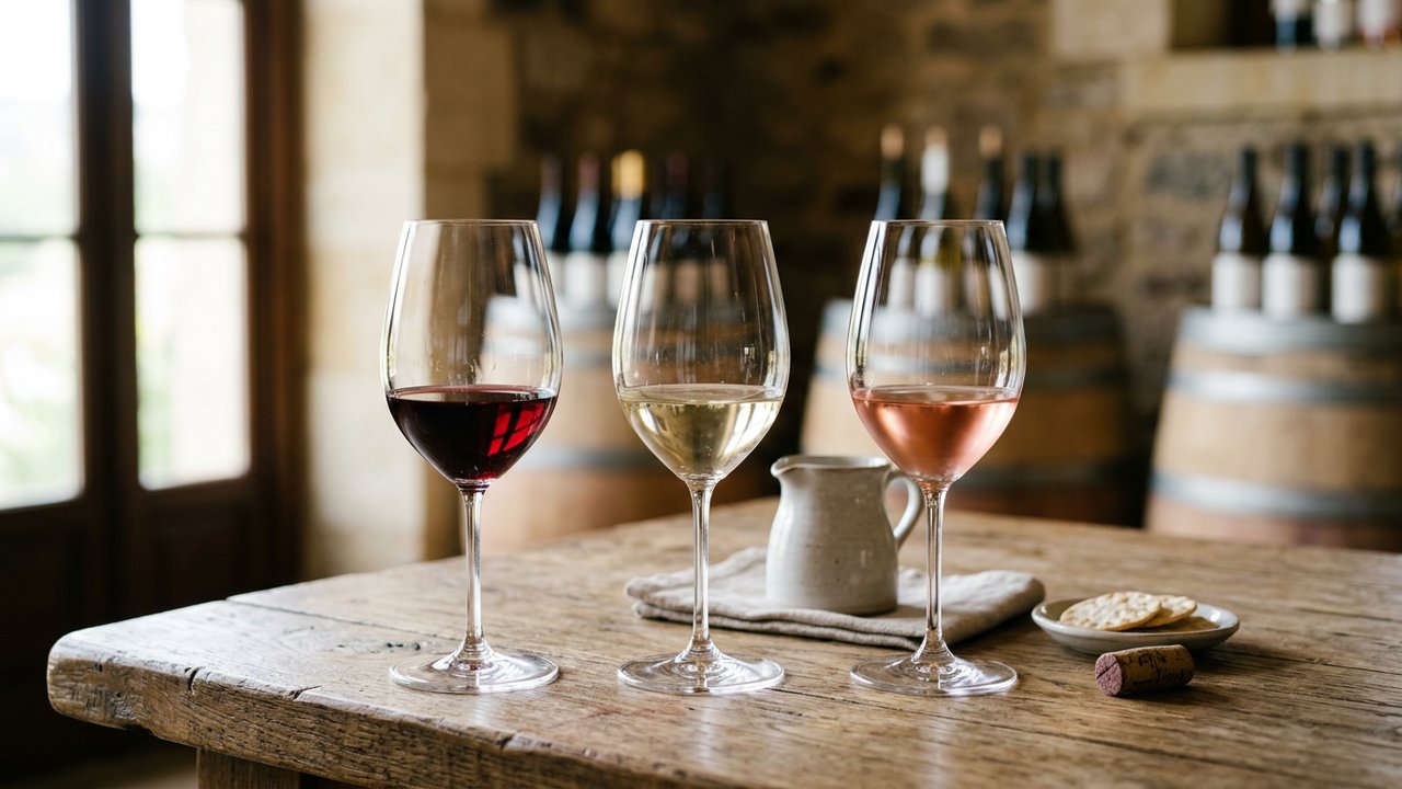 Comparaison de verres de vin blanc, rouge et rosé pour un repas de mariage