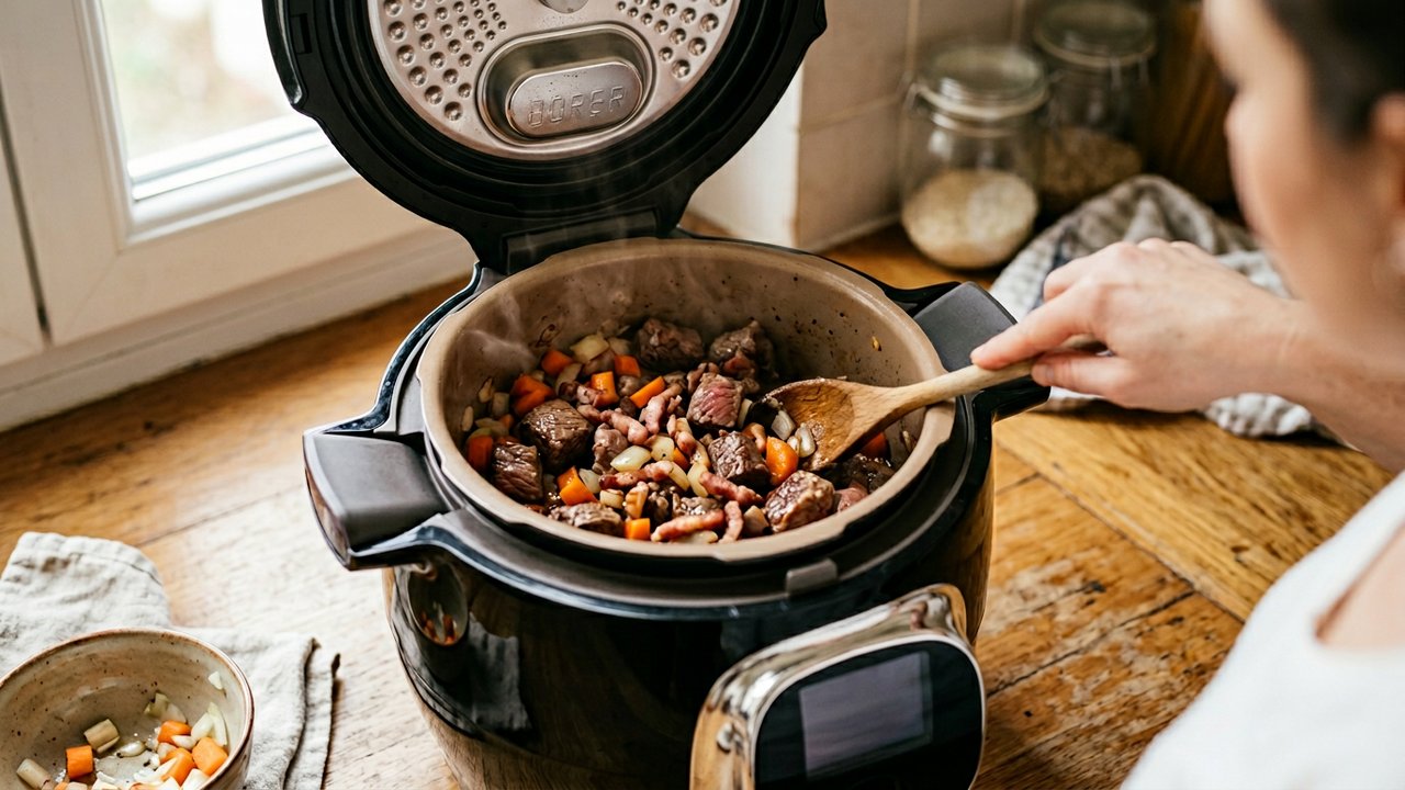 Étape de dorage de la viande et légumes pour bœuf bourguignon Cookeo