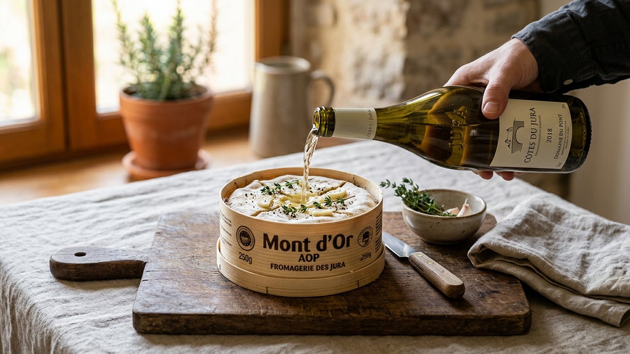 Préparation du Mont d'Or avec vin blanc avant cuisson