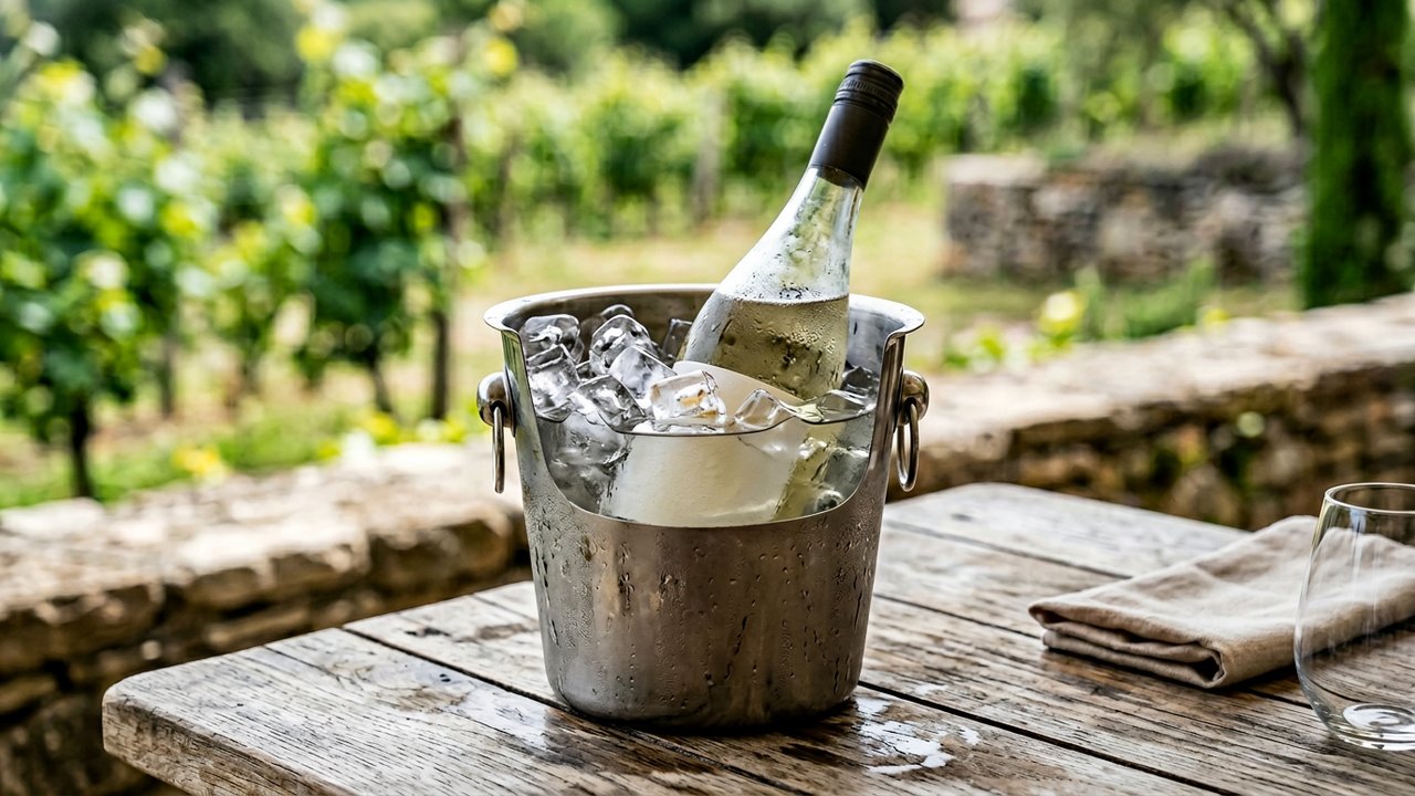 Bouteille de vin refroidissant dans un seau avec glaçons et eau