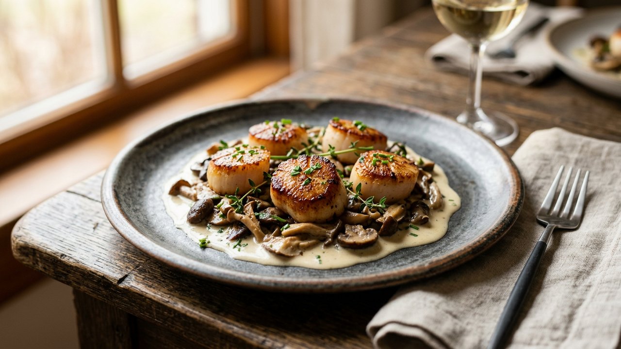 Noix de Saint-Jacques poêlées aux champignons et sauce crémeuse