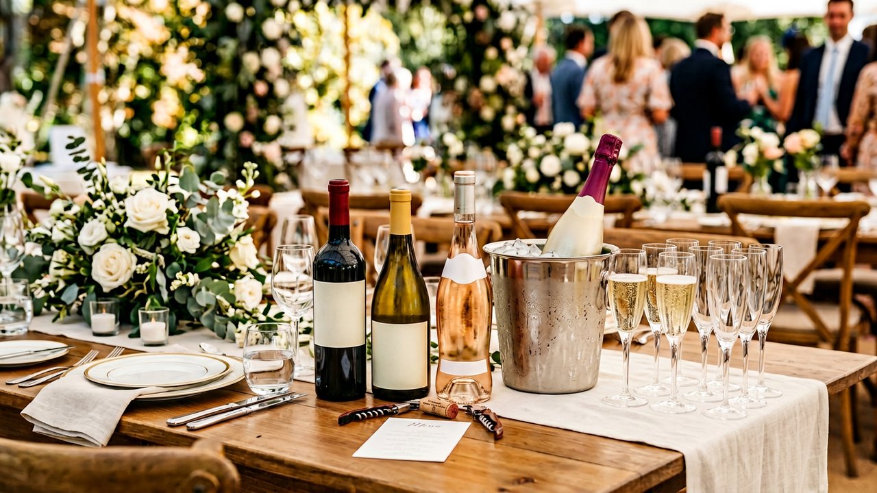 Préparation du service de vin et champagne pour une réception de mariage