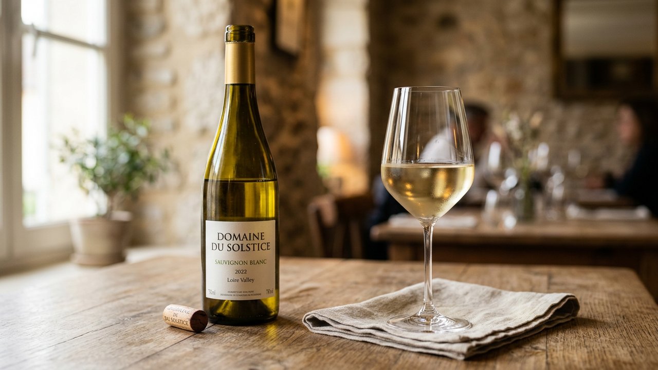 Verre de vin blanc sec avec bouteille
