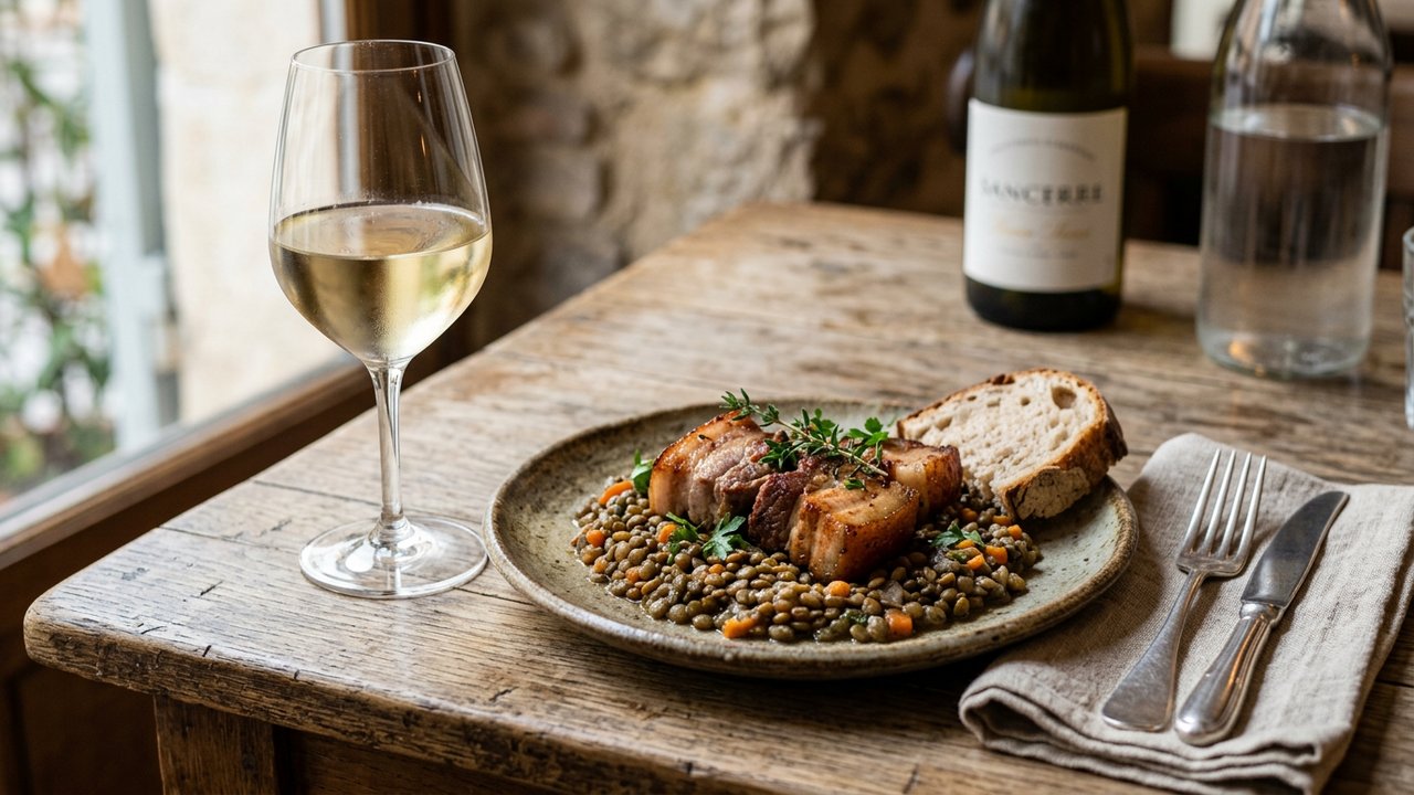 Accord entre un vin blanc structuré et un petit salé aux lentilles