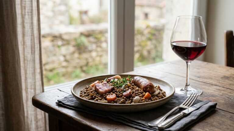 Verre de vin rouge accompagnant un petit salé aux lentilles