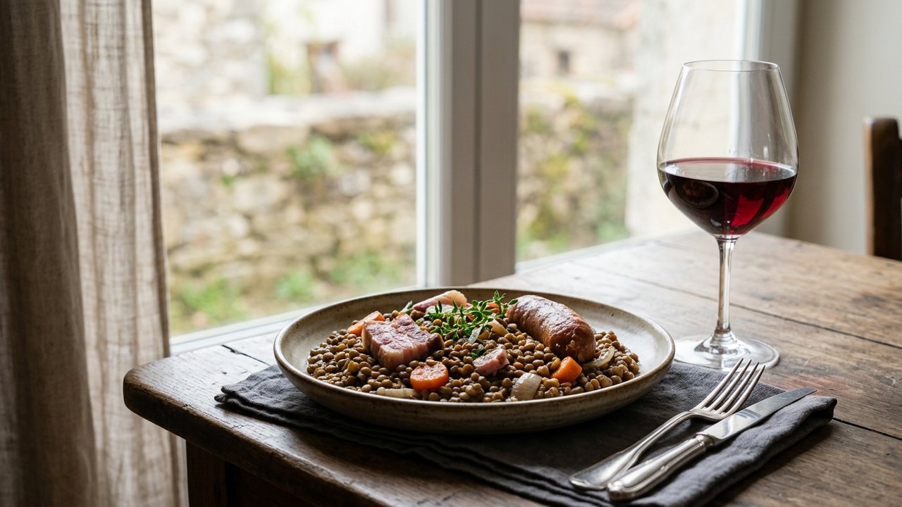 Verre de vin rouge accompagnant un petit salé aux lentilles