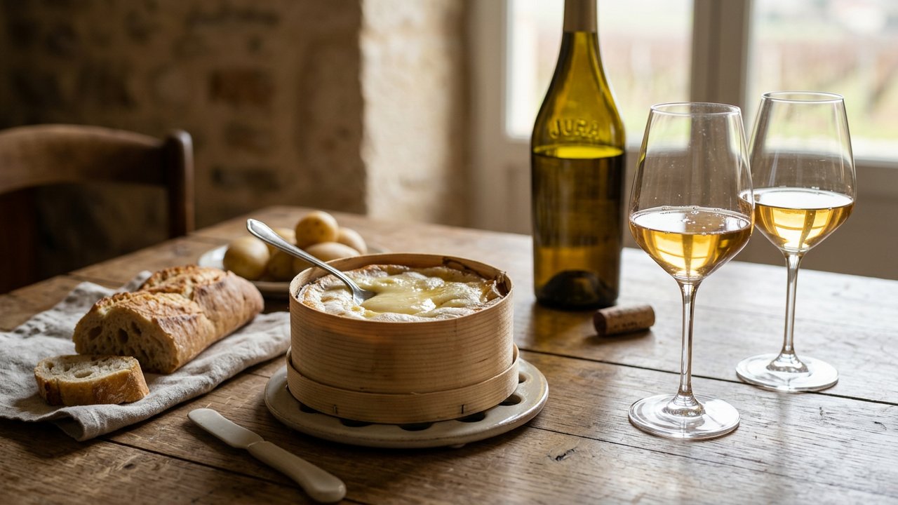 Verres de vin blanc du Jura avec Mont d'Or fondu