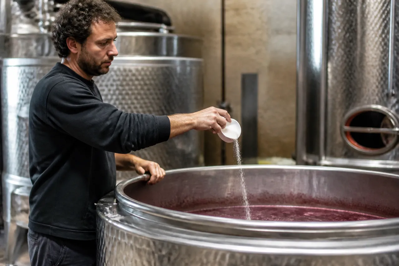 Ajout de sulfites dans une cuve de vin